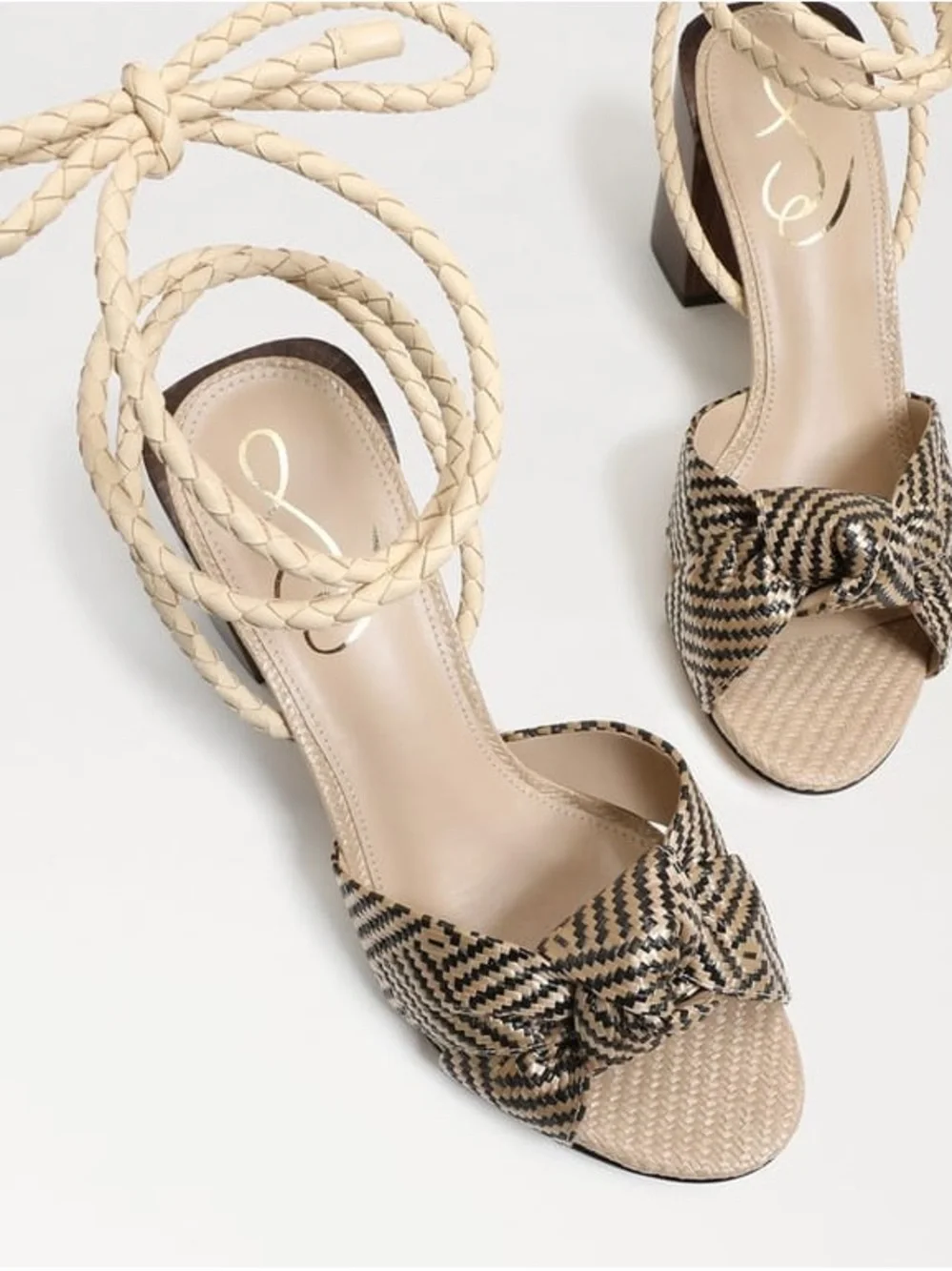 Sam Edelman Bodhi Braided Ankle-Tie Block Heel Sandals in Beige/Black - Picture 4 of 12